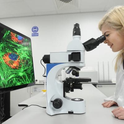 scientist looking through microscope