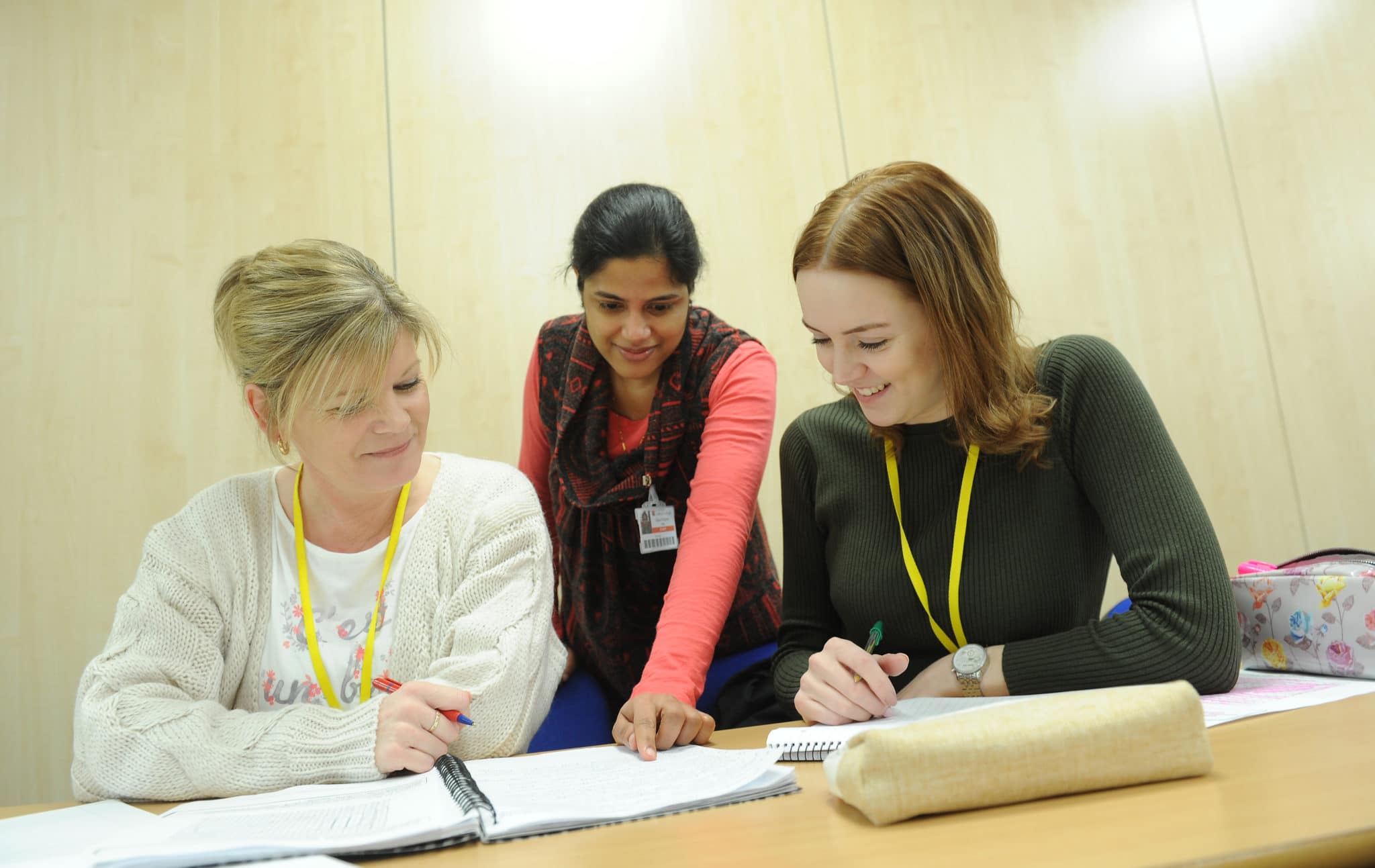 teacher pointing at notes for students