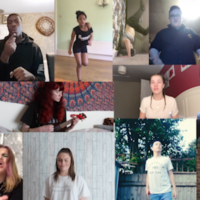 Performing arts students dancing and performing in multiple boxes