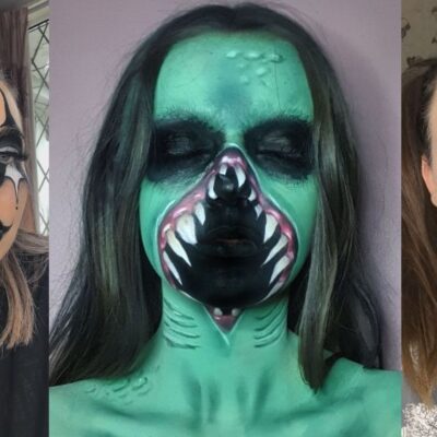 three students, one all in green with gaping mouth, one painted like a clown, the other as a cracked china doll in a picture collage