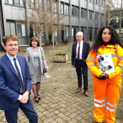Pictured at the launch of ‘Reignite Your Future’ are L-R Mayor of the West Midlands Andy Street, Rose Rees, head of engagement and skills at Midland Metro Alliance, Lowell Williams, Chair of Colleges West Midlands, and learner Iman Khan