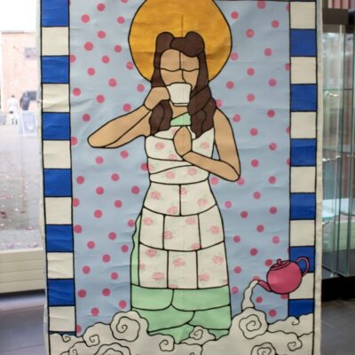 Charis’ project looks at the kitchen and re-imagining it as a quasi-religious space, inspired by shrines and alters, this image is of a woman drinking tea, almost stain glass in appearance.