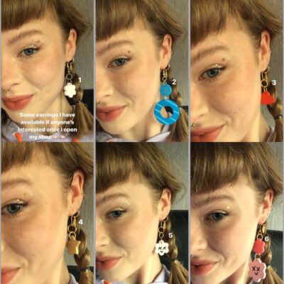 A collage of Eliza modelling different earrings she has made.