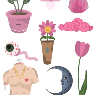 Elizas illustrations including flowers, a moon and a torso.