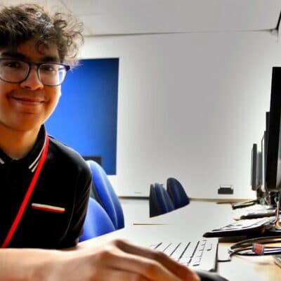 student wearing glasses sat in front of computer