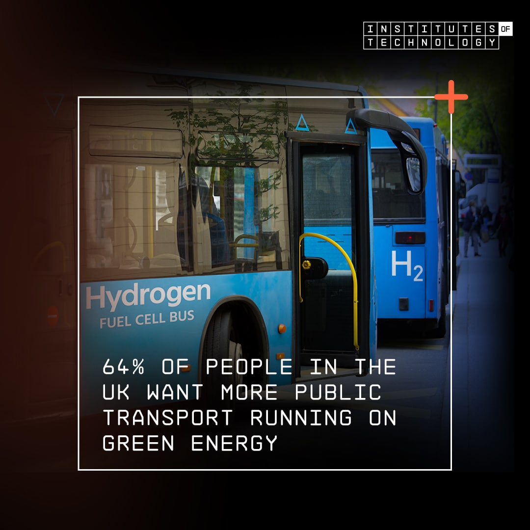 Text on image reads: 64% of people in the UK want more public transport running on green energy