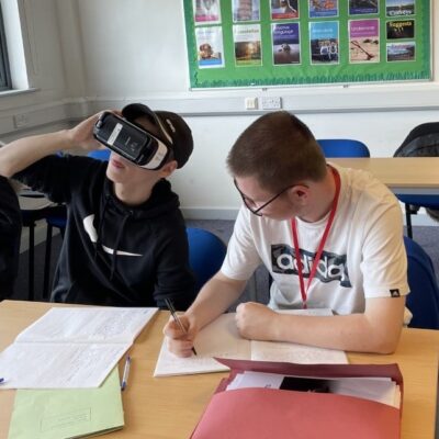 students using vr headsets in lesson
