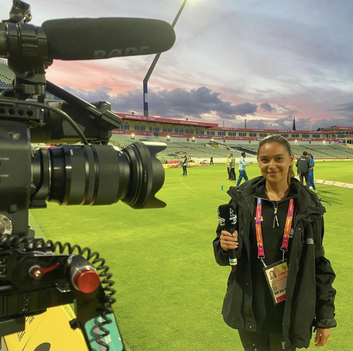 Bootcamp presenter in front of the camera at the commonwealth games.