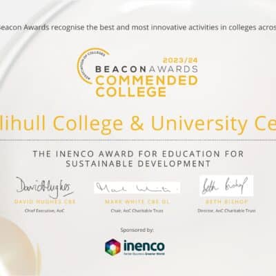 Solihull College beacon award certificate for sustainability