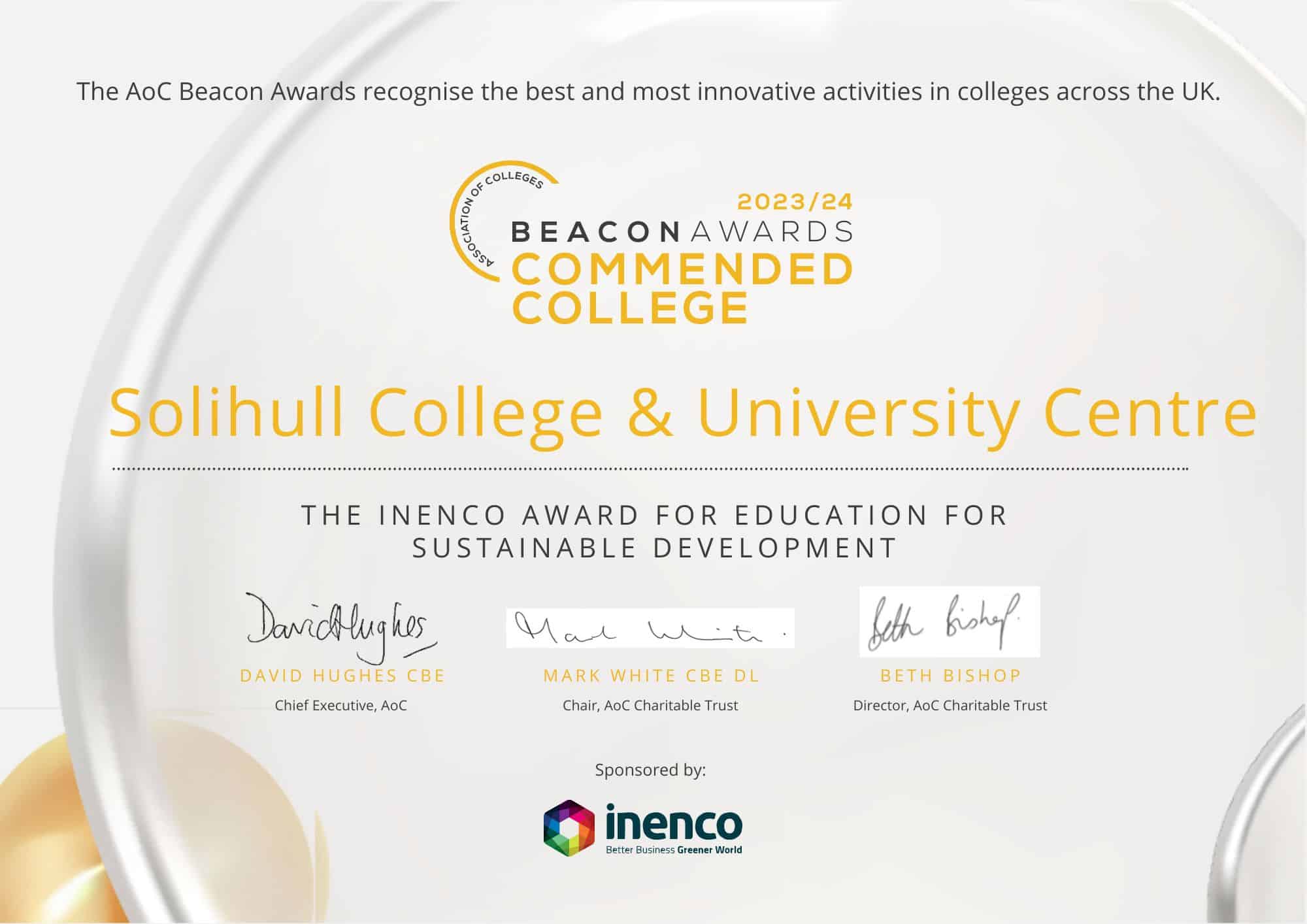 Solihull College beacon award certificate for sustainability