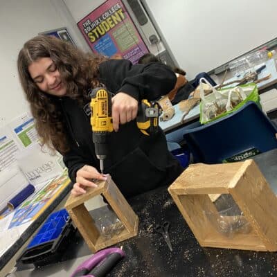 student building a hedgehog nesting box