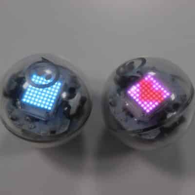 pic of 2 of the little ball robots with a heart programmed on one of them