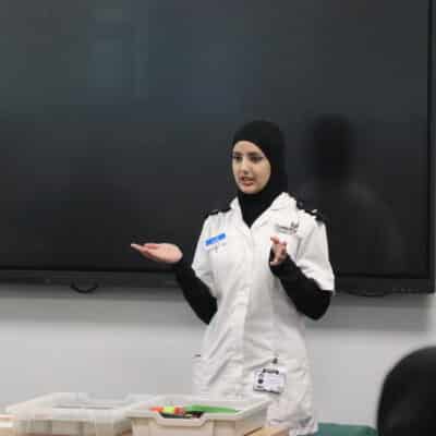 Rasha chatting to science students at solihull College & University Centre