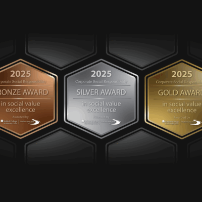 Bronze, silver and gold digital award badges on black background.