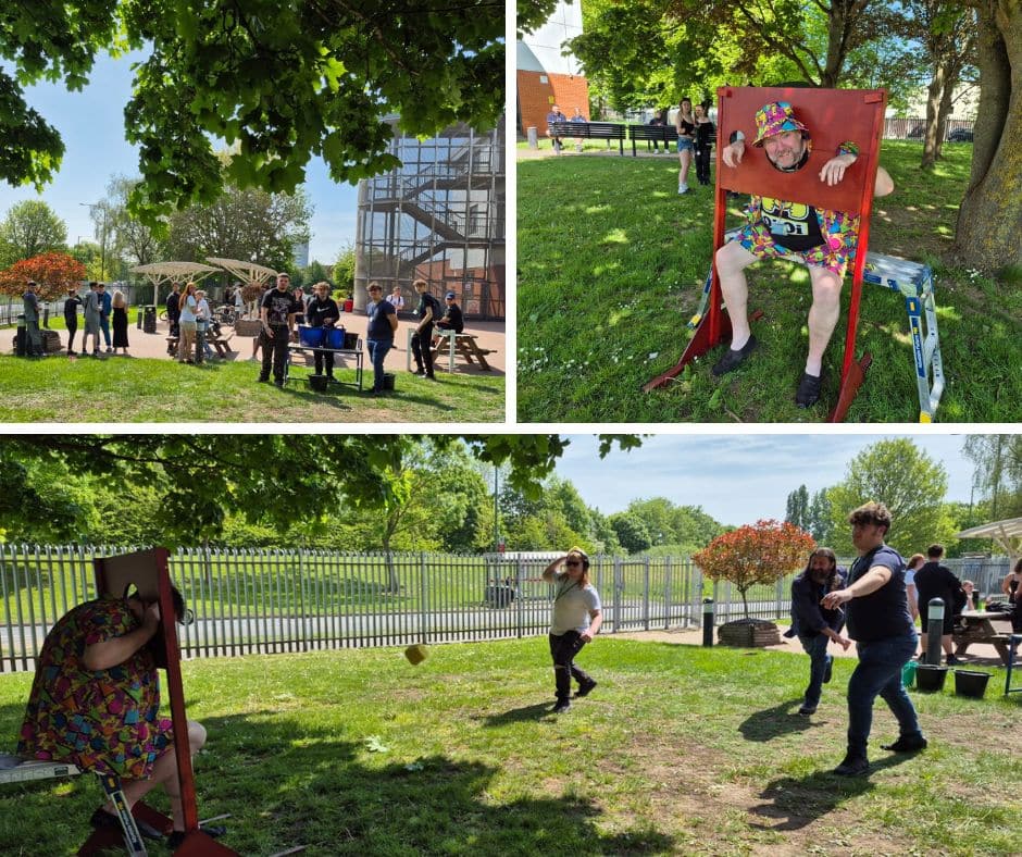 a montage of pictures of the fundraising event including students throwing water at a lecturer in the stocks!