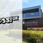 A photo of the front of Solihull College with the SOSUK logo on a white background