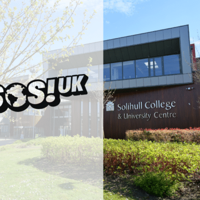 A photo of the front of Solihull College with the SOSUK logo on a white background