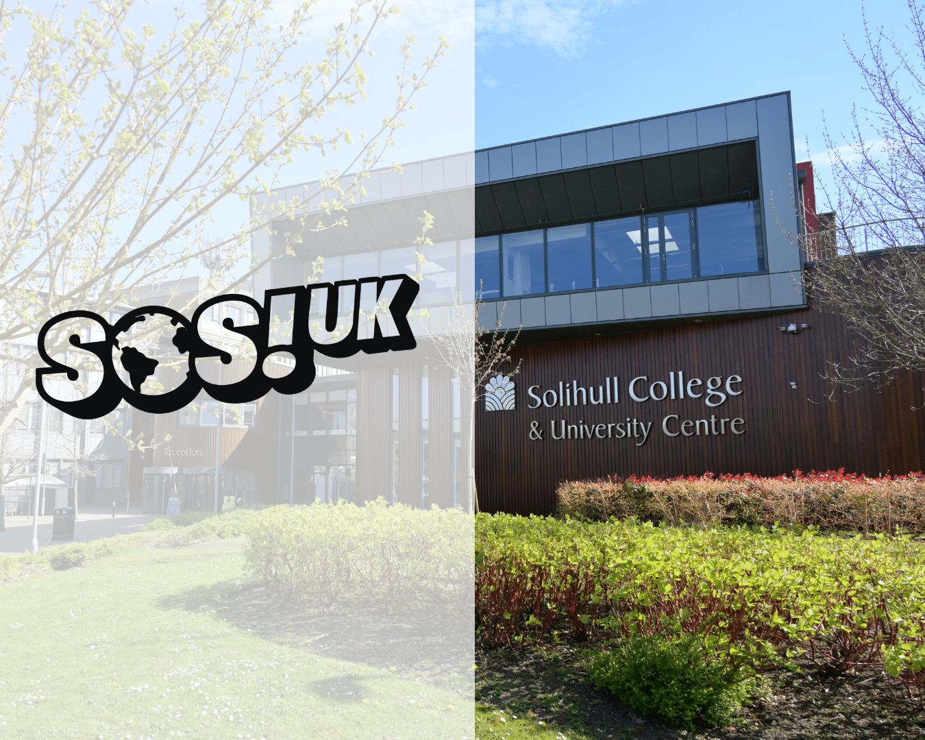 A photo of the front of Solihull College with the SOSUK logo on a white background
