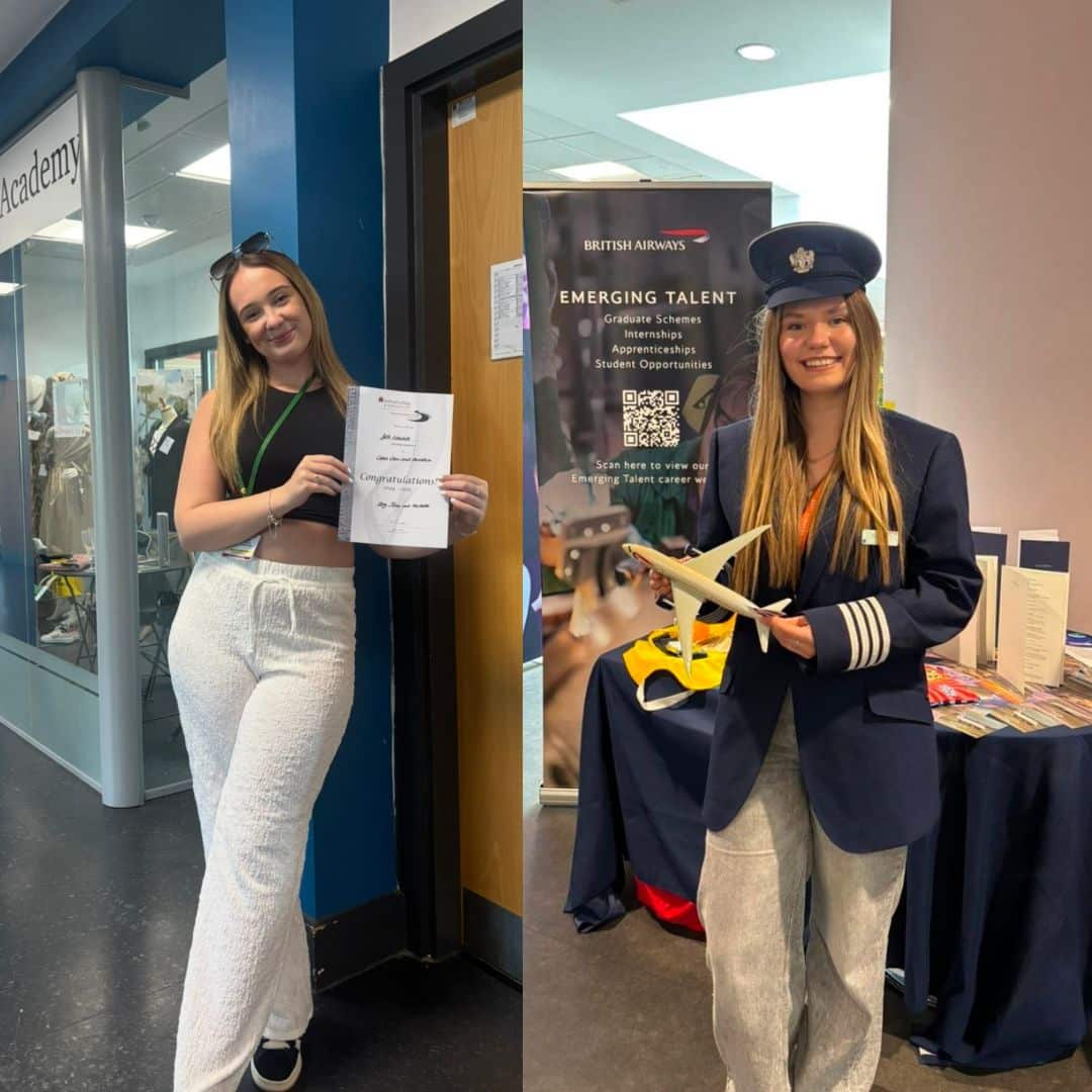 a collage of two students one on the left holding a certificate and the one on right holding a plastic aeroplane